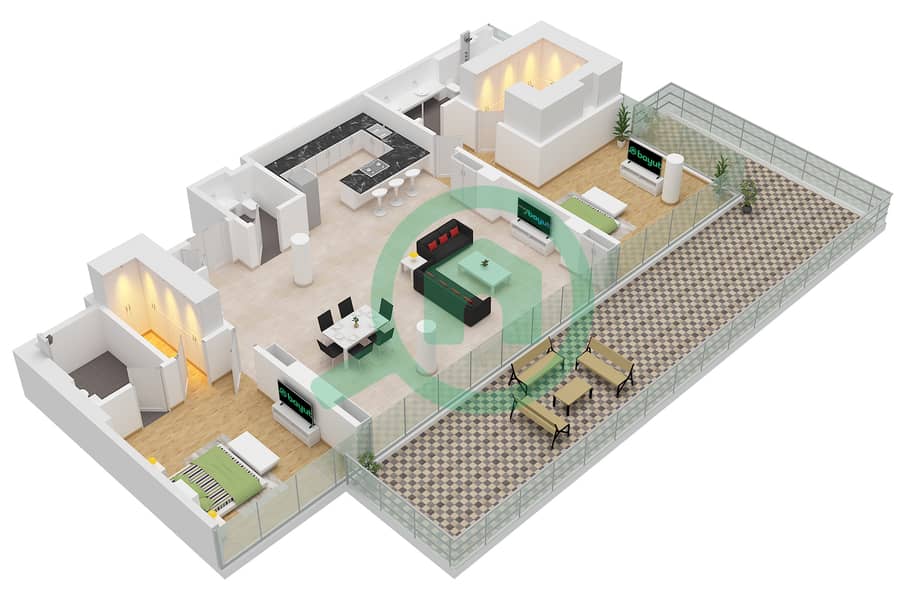 Ашджар Е1 - Апартамент 2 Cпальни планировка Единица измерения 1 FLOOR GROUND interactive3D