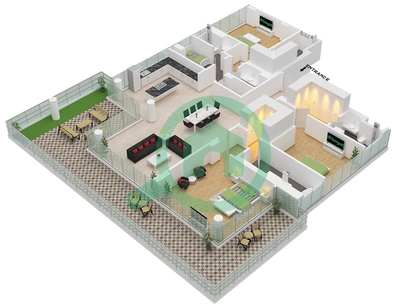 Ашджар Е1 - Апартамент 3 Cпальни планировка Тип 2 FLOOR 1 interactive3D