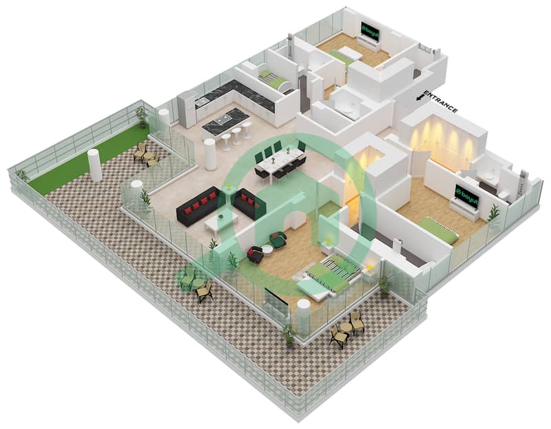 Ashjar E1 - Plan d’étage de 3 chambres Appartement Unité 1 FLOOR 1 interactive3D