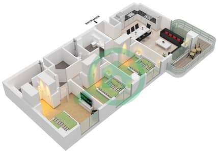 المخططات الطابقية لتصميم النموذج / الوحدة 1B / UNIT 4 FLOOR 2-6 شقة 3 غرف نوم - بناية أوشن ستار 2