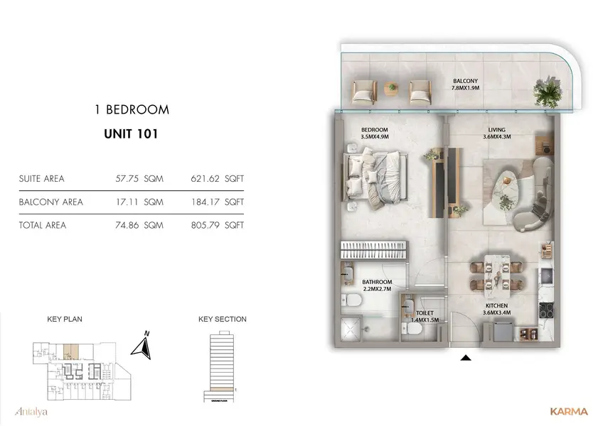 1 BR floor plan