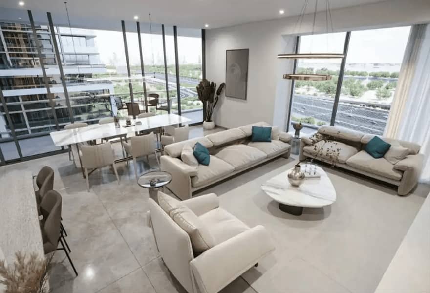 4 Sobha One living room interior with floor-to-ceiling windows and park views Dubai