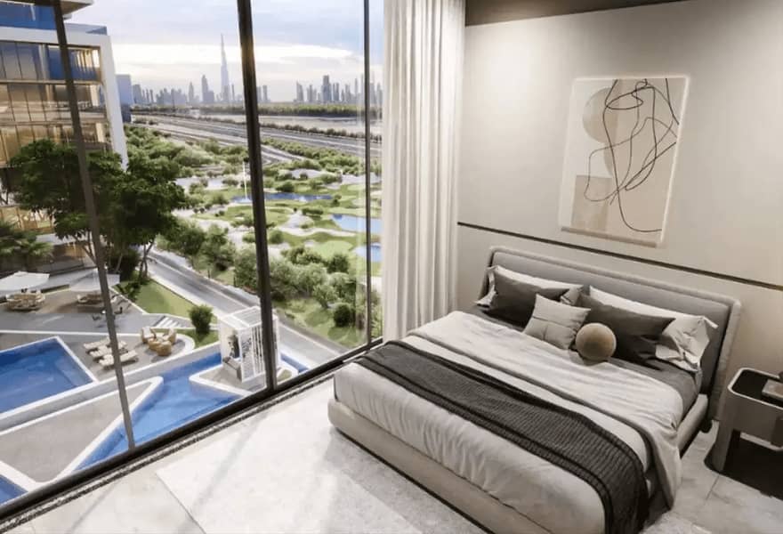 6 Sobha One bedroom with Burj Khalifa skyline view and pool deck below Dubai