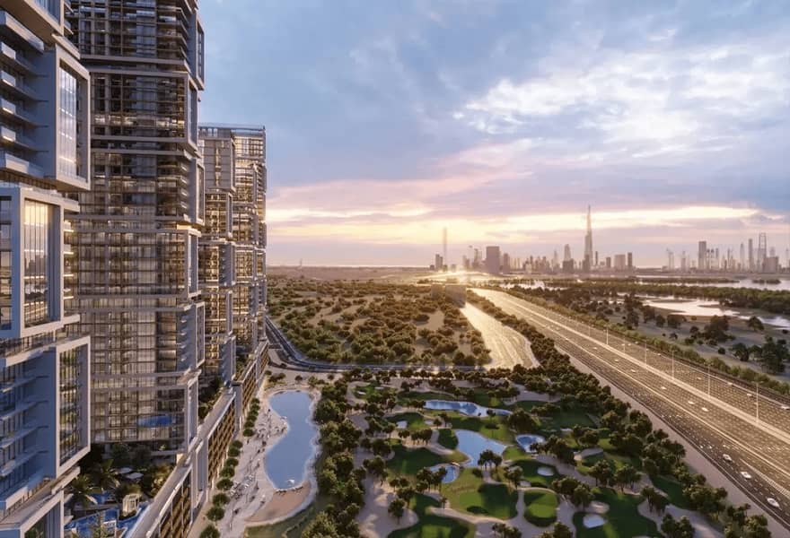 3 Sobha One tower overlooking golf course and Downtown Dubai skyline at sunset