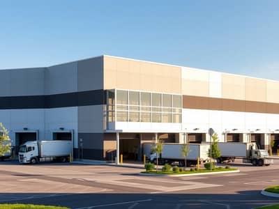 مستودع للبيع في الجرف، عجمان - An_exterior_view_of_a_modern_warehouse_building_showcasing_its_large_loading_docks_high_ceilings_and_wide_entrances. _The_facade_is_made_of_sleek_metal_panels_with_large_glass_windows_allowing_a_glimpse_inside. _Surrou. jpeg مستودع للبيع في الجرف، عجمان - An_exterior_view_of_a_modern_warehouse_building_showcasing_its_large_loading_docks_high_ceilings_and_wide_entrances. _The_facade_is_made_of_sleek_metal_panels_with_large_glass_windows_allowing_a_glimpse_inside. _Surrou. jpeg