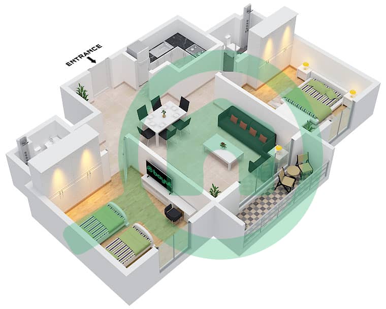 Al Rawda 3 - Grundriss für 2 Schlafzimmer Wohnung Typ A interactive3D