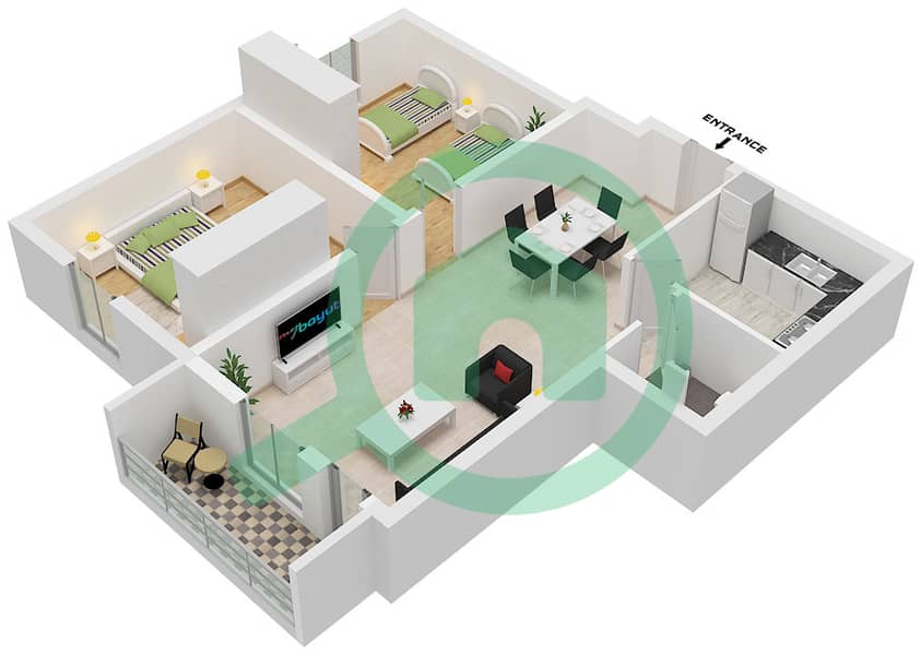 Al Taawun - Planimetria del piano di 2 Camere Appartamento Tipo A interactive3D