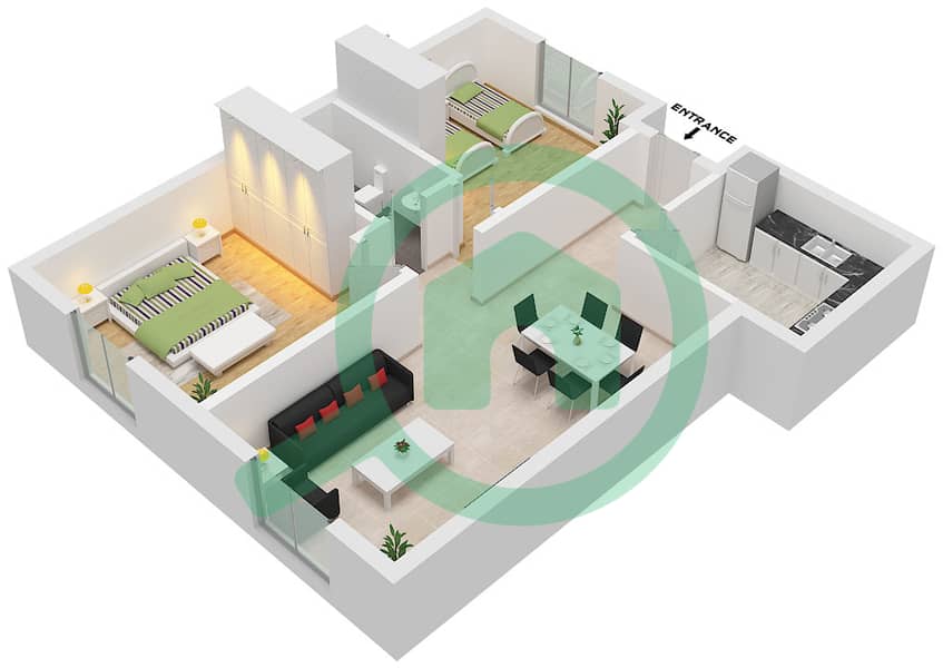 Al Khan - Planimetria del piano di 2 Camere Appartamento Tipo A interactive3D