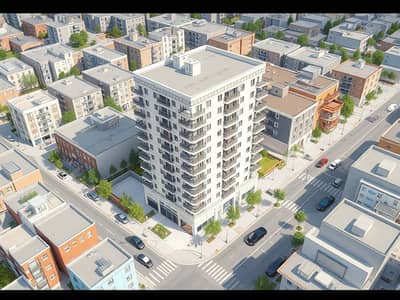 10+ Habitaciones Building para en Alquiler en Al Rashidiya, Ajman - A_detailed_architectural_concept_illustration_of_an_urban_community_area_featuring_a_G_6_ground_plus_six_floors_modern_apartment_building_as_the_main_subject. _Include_the_main_G_6_building_with_clear_height_cues_6_st. jpeg