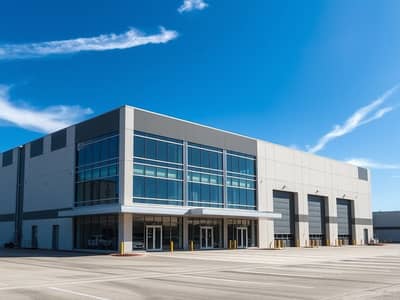 مستودع  للبيع في الجرف، عجمان - An_exterior_view_of_a_large_modern_warehouse_with_a_focus_on_the_entire_building. _The_warehouse_features_large_glass_windows_and_a_spacious_loading_area_without_any_vehicles_in_sight. _The_building_is_set_against_a_br. jpeg
