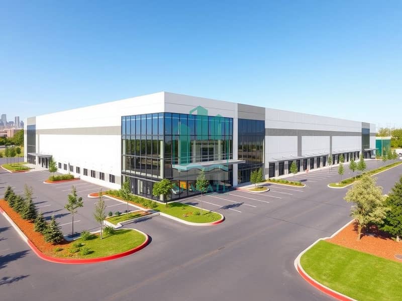 A_complete_architectural_rendering_of_a_modern_warehouse_building_showcasing_all_sides. _The_warehouse_features_a_large_sleek_design_with_expansive_glass_windows_and_a_high_peaked_roof. _Surrounding_the_building_are_la. jpeg A_complete_architectural_rendering_of_a_modern_warehouse_building_showcasing_all_sides. _The_warehouse_features_a_large_sleek_design_with_expansive_glass_windows_and_a_high_peaked_roof. _Surrounding_the_building_are_la. jpeg