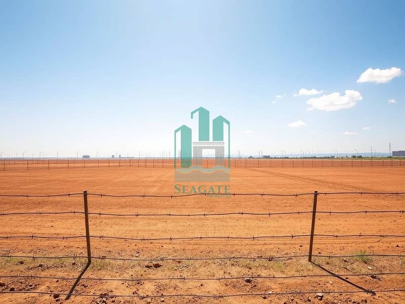 A_wide_view_of_a_barren_industrial_plot_on_a_sunny_day. _The_land_is_flat_and_bare_with_a_dry_reddish_brown_surface. _Surrounding_the_plot_is_a_simple_barbed_wire_fence_that_emphasizes_the_emptiness. _In_the_distance_th. jpeg A_wide_view_of_a_barren_industrial_plot_on_a_sunny_day. _The_land_is_flat_and_bare_with_a_dry_reddish_brown_surface. _Surrounding_the_plot_is_a_simple_barbed_wire_fence_that_emphasizes_the_emptiness. _In_the_distance_th. jpeg