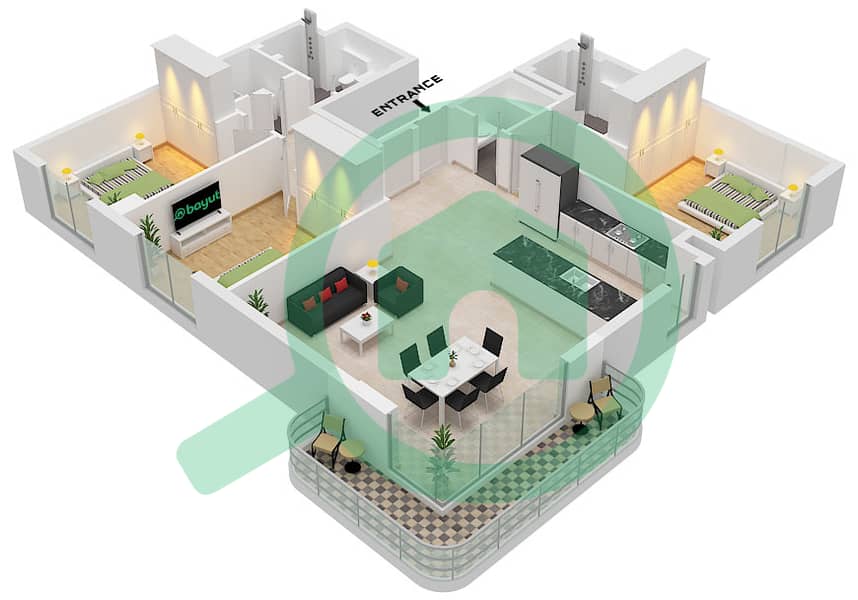 Berkshire Park - Grundriss für 3 Schlafzimmer Wohnung Typ B interactive3D