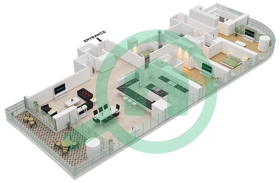 Sobha Seahaven Tower B - 3 Bedroom Apartment Type/unit A / UNIT 1 FLOOR 34-41 Floor plan interactive3D