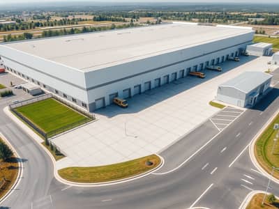 Warehouse zum zum Verkauf in Ajman Industrial, Ajman - Photorealistic_exterior_view_of_an_industrial_logistics_campus_matching_the_reference_a_large_modern_white_gray_warehouse_with_a_broad_loading_bay_facade_and_a_long_flat_roof_wide_concrete_apron_in_front_a_few_yellow. jpeg