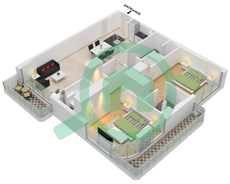 Arka Enclave Residences - 2 Bedroom Apartment Type/unit B1 / UNIT 4 FLOOR 2-9 Floor plan interactive3D