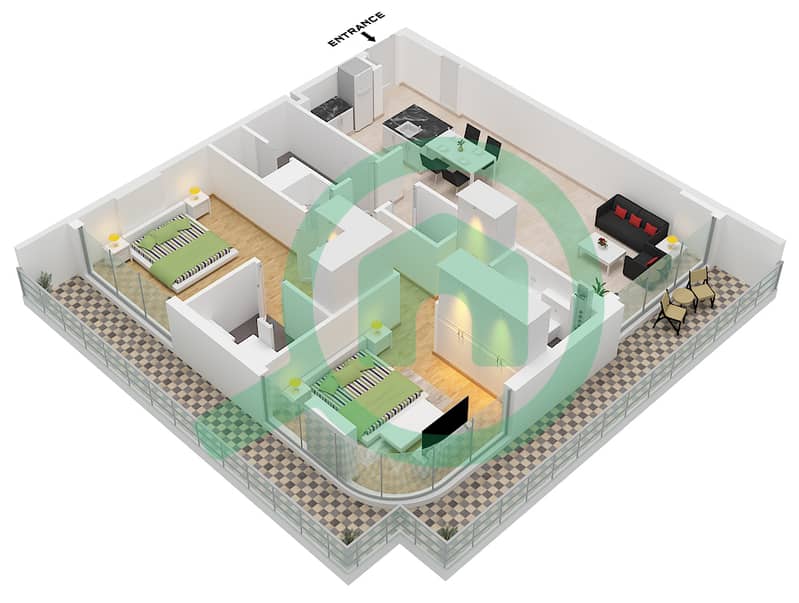 Arka Enclave Residences - 2 Bedroom Apartment Type/unit B2 / UNIT 5 FLOOR 1 Floor plan interactive3D
