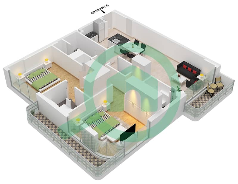 Arka Enclave Residences - 2 Bedroom Apartment Type/unit B2 / UNIT 5 FLOOR 2-9 Floor plan interactive3D