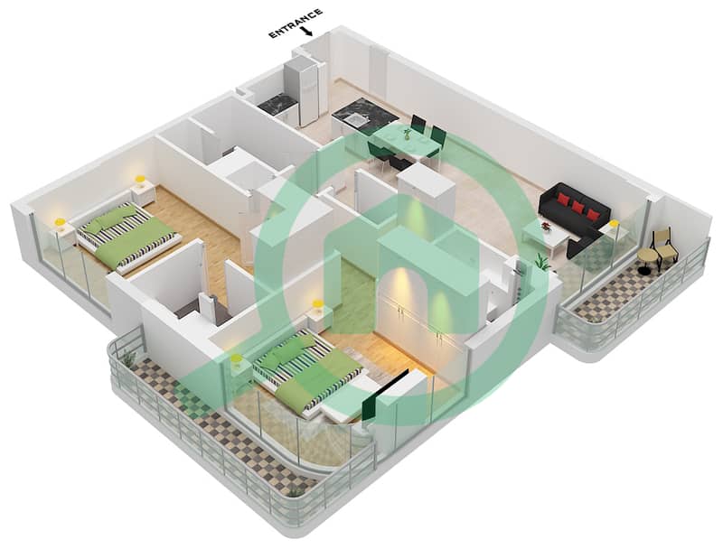 Arka Enclave Residences - 2 Bedroom Apartment Type/unit B6 / UNIT 14 FLOOR 3-9 Floor plan interactive3D