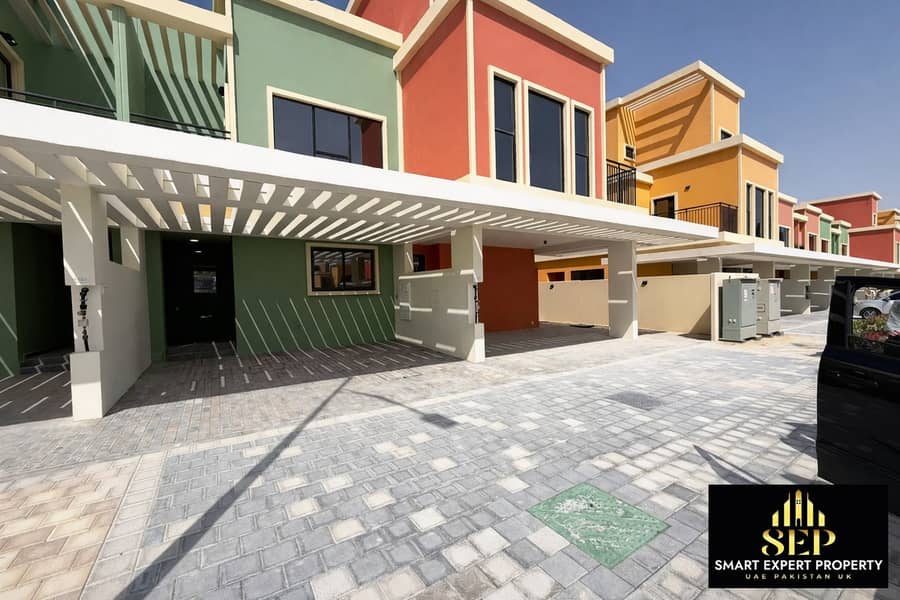 2 Colorful townhouses with pergola shadows. png