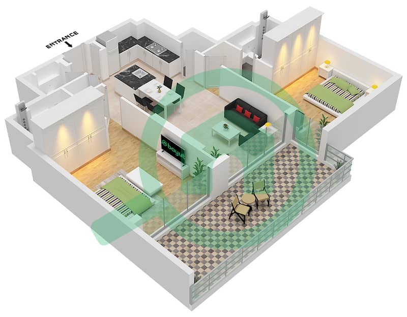 Arka Enclave Residences - 2 Bedroom Apartment Type/unit C / UNIT 01 FLOOR 1-10 Floor plan interactive3D