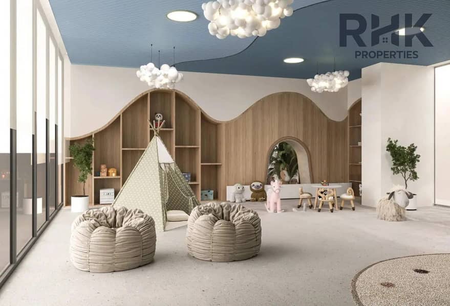 6 Azizi Venice kids play area with teepee, soft seating and animal-themed decor