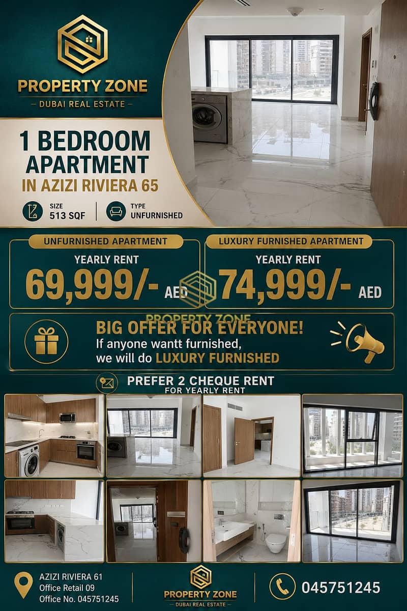 1BR Apartment | Azizi Riviera 65 | Beautiful Layout | 513 SQFT | Starting from AED 69,999/-