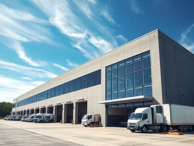 مستودع للايجار في الصجعة، الشارقة - An_exterior_view_of_a_large_modern_warehouse_with_large_glass_windows. _The_warehouse_features_a_spacious_loading_area_with_white_delivery_trucks_parked_in_front. _The_sky_is_bright_blue_with_wispy_clouds_adding_to_the. jpeg مستودع للايجار في الصجعة، الشارقة - An_exterior_view_of_a_large_modern_warehouse_with_large_glass_windows. _The_warehouse_features_a_spacious_loading_area_with_white_delivery_trucks_parked_in_front. _The_sky_is_bright_blue_with_wispy_clouds_adding_to_the. jpeg