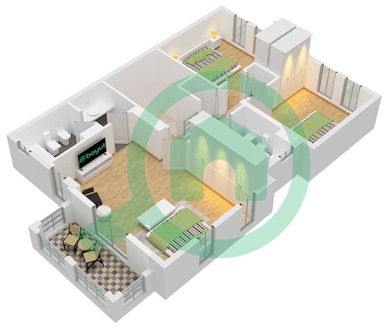 The Springs 3 - Grundriss für 3 Schlafzimmer Reihenhaus Typ 3E First Floor interactive3D