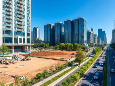 10+ Schlafzimmer Building zum zum Verkauf in Al Jurf, Ajman - A_wide_urban_scene_highlighting_a_large_vacant_plot_of_land_beside_a_modern_high_rise_building_on_a_busy_main_road. _The_plot_should_be_expansive_with_construction_materials_and_machinery_scattered_around_emphasizing_. jpeg