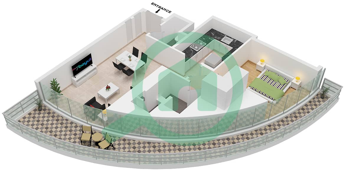 Binghatti Skyflame 2 - 1 Bedroom Apartment Type 04 Floor plan interactive3D