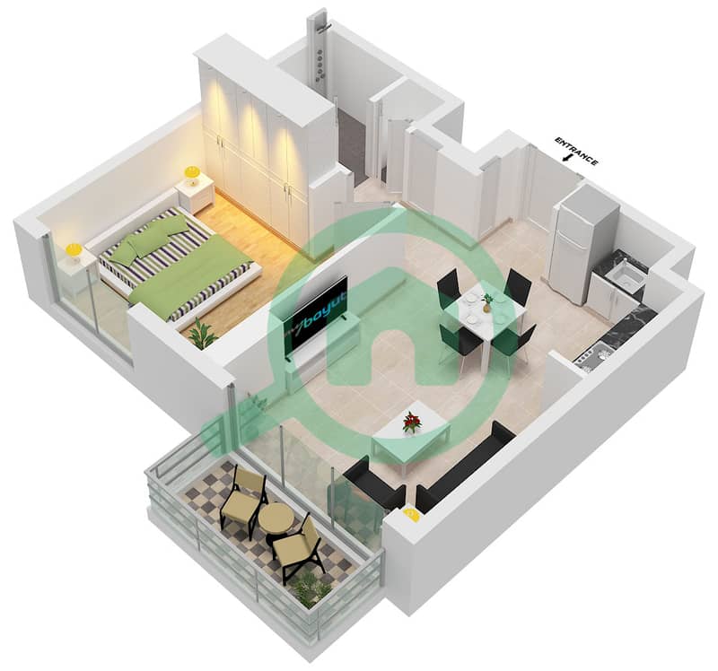 المخططات الطابقية لتصميم النموذج A شقة 1 غرفة نوم - أيالا أون ذا بارك interactive3D