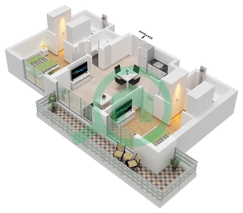 المخططات الطابقية لتصميم النموذج A شقة 2 غرفة نوم - أيالا أون ذا بارك interactive3D
