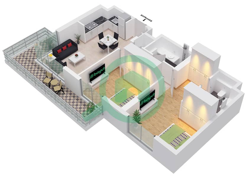 المخططات الطابقية لتصميم النموذج B شقة 2 غرفة نوم - أيالا أون ذا بارك interactive3D