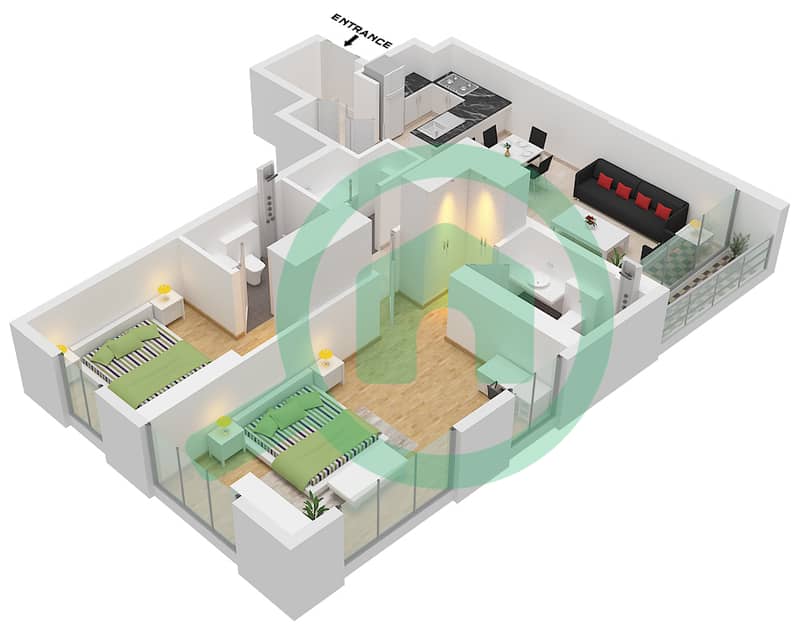 Norah Residence - 2 Bedroom Apartment Type/unit A2 / UNIT 08 FLOOR 1 Floor plan interactive3D