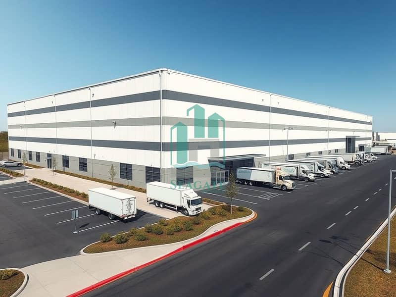 A_realistic_exterior_view_of_a_modern_large_warehouse_facility_similar_style_to_the_reference_white_insulated_metal_cladding_with_dark_grey_horizontal_banding_wide_single_story_rectangular_massing_with_a_long_sloped_. jpeg A_realistic_exterior_view_of_a_modern_large_warehouse_facility_similar_style_to_the_reference_white_insulated_metal_cladding_with_dark_grey_horizontal_banding_wide_single_story_rectangular_massing_with_a_long_sloped_. jpeg