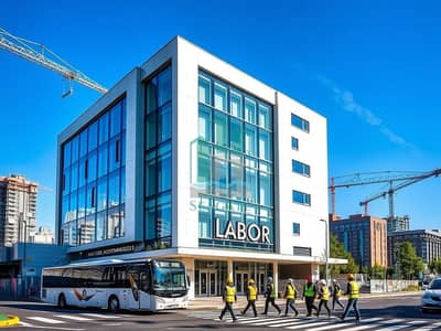 Labour Camp for Rent in Al Jurf, Ajman - A_contemporary_labor_accommodation_building_with_a_striking_modern_design_featuring_large_glass_panels_located_at_an_urban_intersection. _The_structure_has_geometric_elements_with_a_multi_story_fa_ade. _In_front_of_the. jpeg Labour Camp for Rent in Al Jurf, Ajman - A_contemporary_labor_accommodation_building_with_a_striking_modern_design_featuring_large_glass_panels_located_at_an_urban_intersection. _The_structure_has_geometric_elements_with_a_multi_story_fa_ade. _In_front_of_the. jpeg