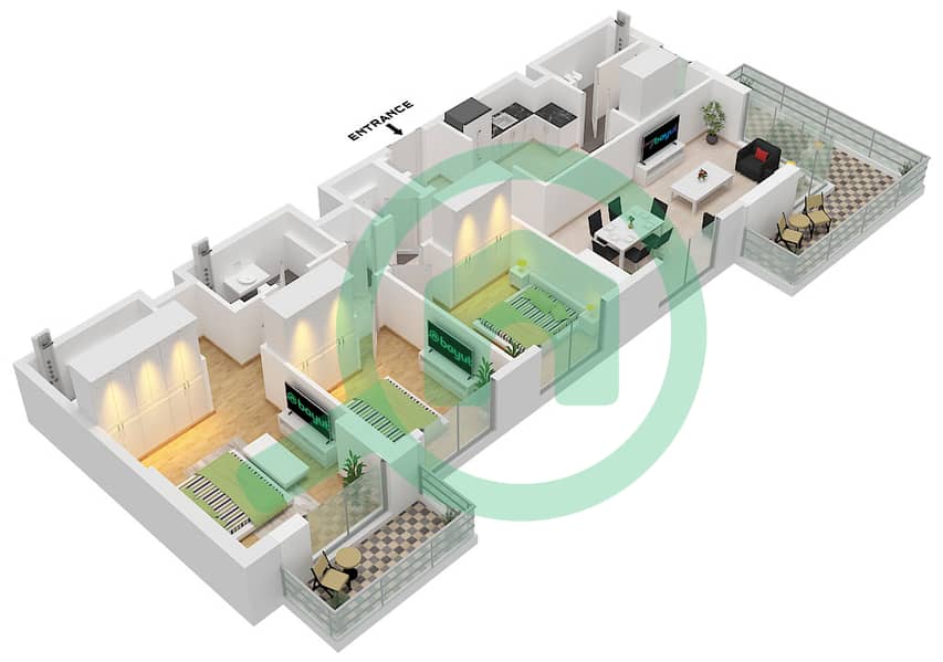 Lexington - Grundriss für 3 Schlafzimmer Wohnung Typ A interactive3D