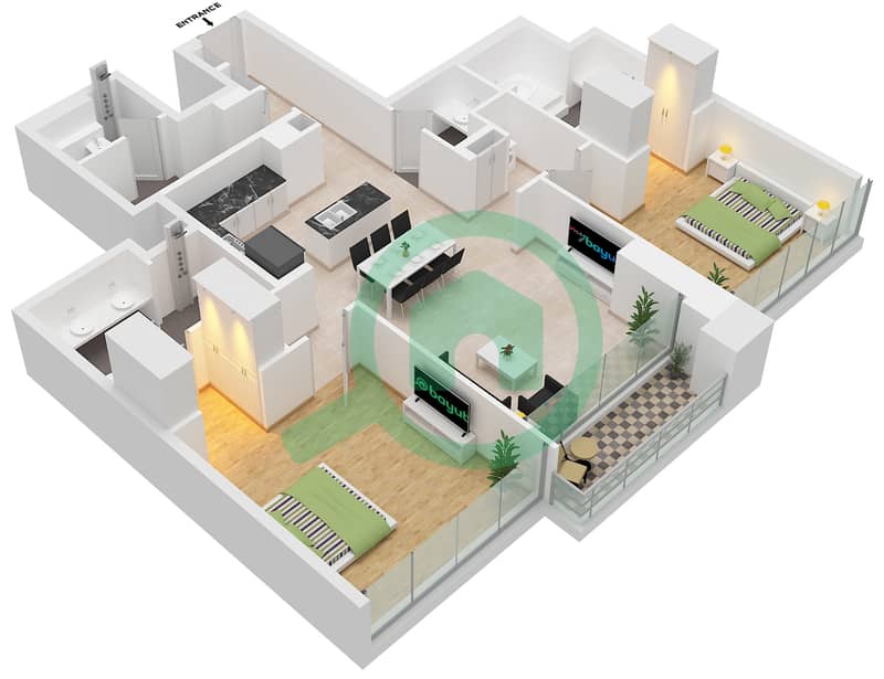 DIFC Heights Tower - Plan d’étage de 2 chambres Appartement Type/unité A / UNIT 8,9 FLOOR 27-40 interactive3D