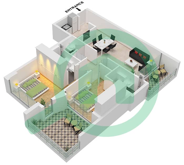 Bliss Tower - Planimetria del piano di 2 Camere Appartamento Tipo 1 FLOOR 2-11 interactive3D