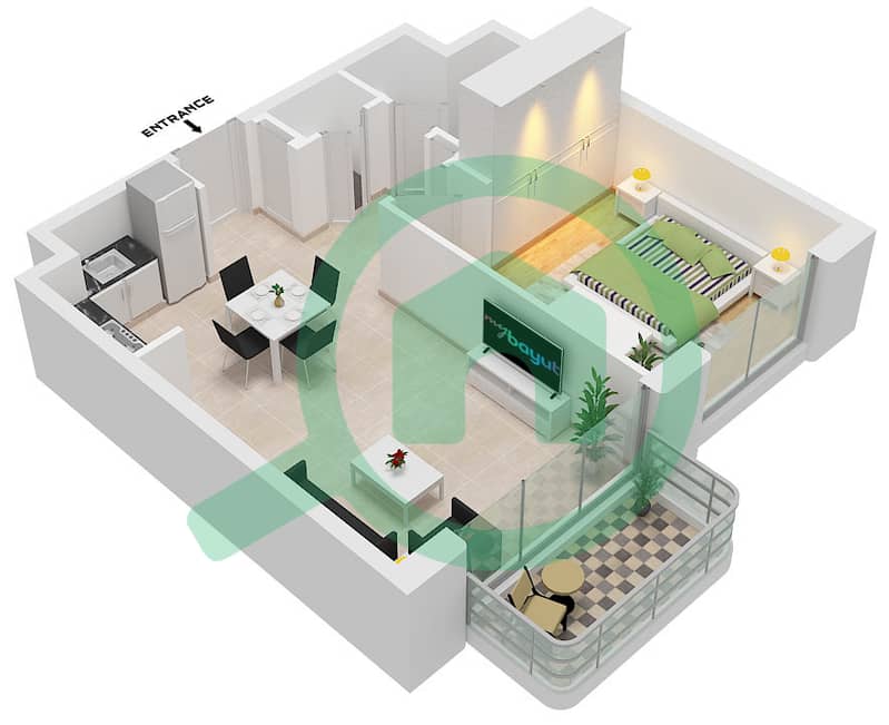 المخططات الطابقية لتصميم النموذج B شقة 1 غرفة نوم - سيمفوني أون ذا بارك interactive3D