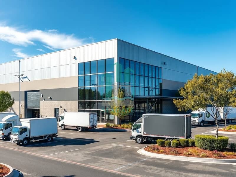An_exterior_view_of_a_modern_warehouse_showcasing_a_sleek_design. _The_building_has_large_glass_windows_and_metal_siding_reflecting_a_contemporary_aesthetic. _The_warehouse_is_surrounded_by_a_paved_parking_lot_with_del. jpeg An_exterior_view_of_a_modern_warehouse_showcasing_a_sleek_design. _The_building_has_large_glass_windows_and_metal_siding_reflecting_a_contemporary_aesthetic. _The_warehouse_is_surrounded_by_a_paved_parking_lot_with_del. jpeg