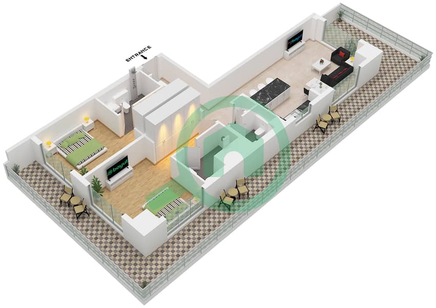 Chelsea Residences 2 by DAMAC Tower A - 2 Bedroom Apartment Type B3 FLOOR 1,6-11 Floor plan interactive3D