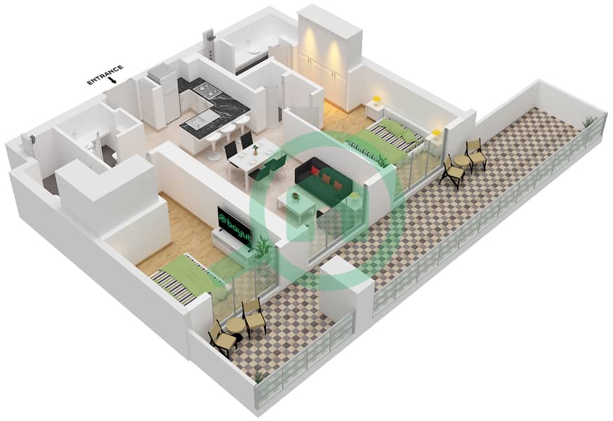 Chelsea Residences 2 by DAMAC Tower A - 2 Bedroom Apartment Type C2 FLOOR 7,8 Floor plan interactive3D