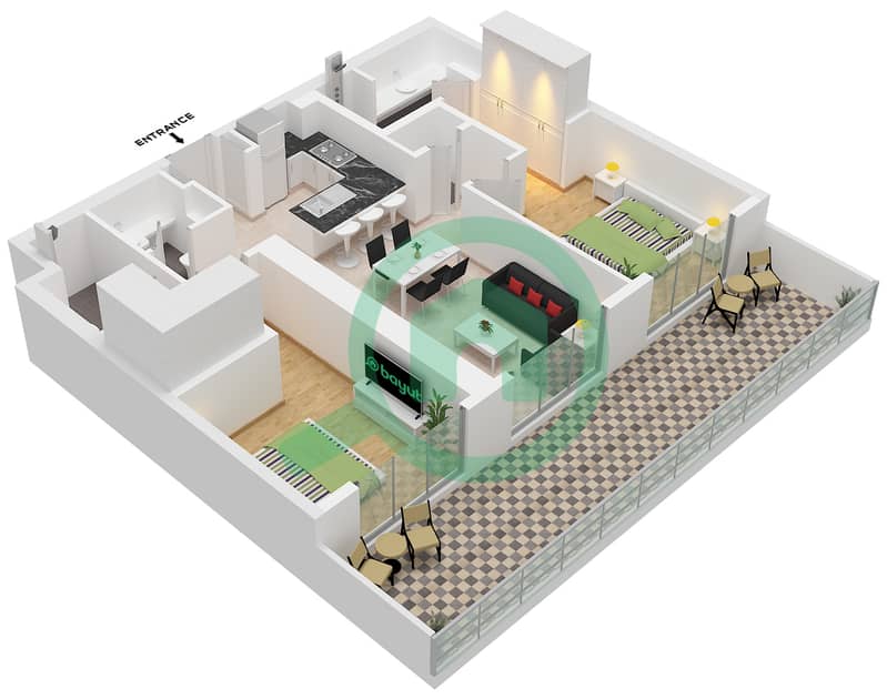 Chelsea Residences 2 by DAMAC Tower B - 2 Bedroom Apartment Type C1 FLOOR 1-5,11-16 Floor plan interactive3D