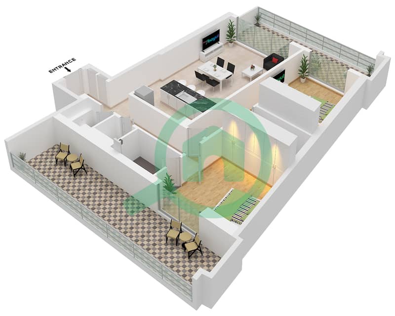 Chelsea Residences 2 by DAMAC Tower B - 2 Bedroom Apartment Type E2 FLOOR 27,28 Floor plan interactive3D