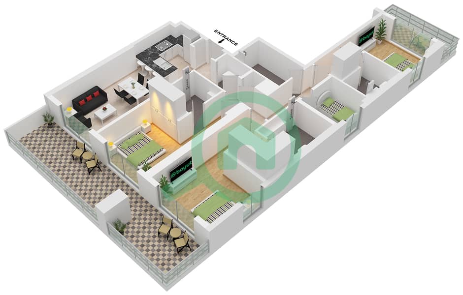 Chelsea Residences 2 by DAMAC Tower B - 3 Bedroom Apartment Type B2 FLOOR 22-25 Floor plan interactive3D