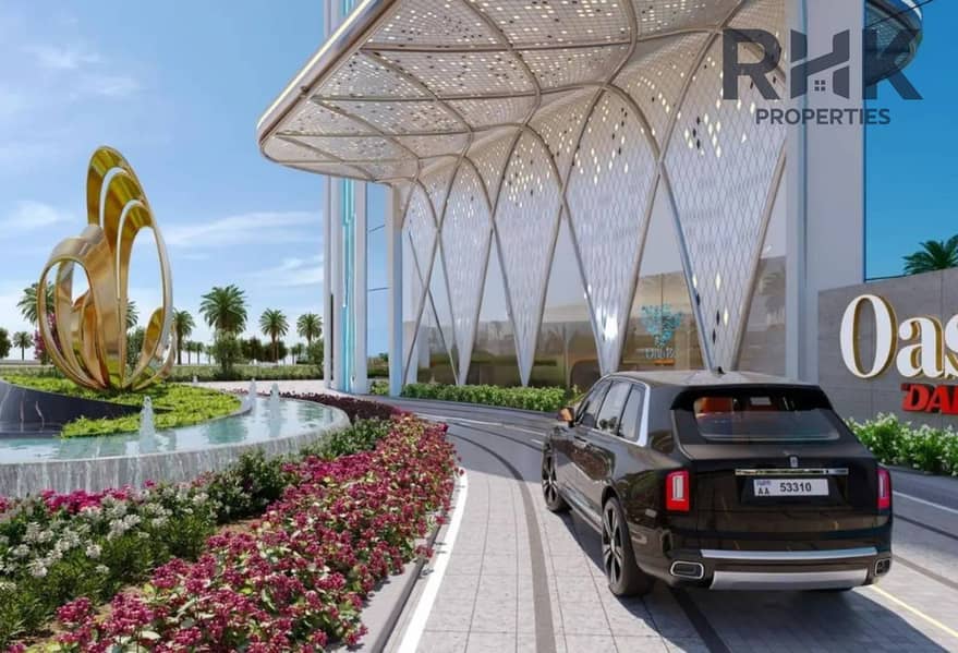 13 Grand entrance and drop-off at Danube Oasis Dubailand with fountain and sculptural canopy