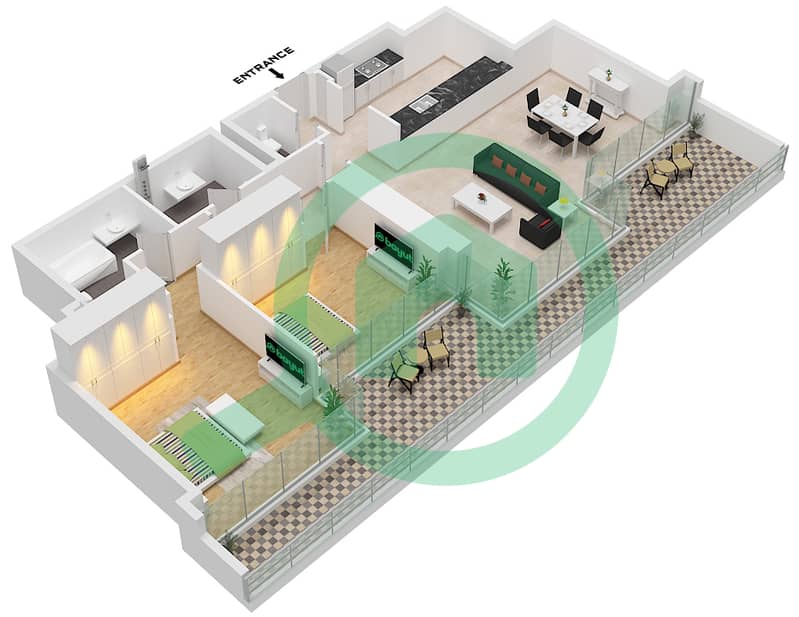 Burj Daman - 2 Slaapkamers Appartement Unit 05 FLOOR 22 Plattegrond interactive3D