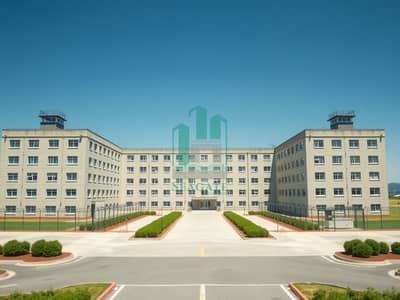 Labour Camp zum zum Verkauf in Al Jurf, Ajman - A_wide_outside_architectural_view_establishing_shot_of_a_labor_camp_in_a_modern_institutional_style_shown_as_a_large_rectangular_dormitory_building_with_multiple_floors_identical_windows_simple_clean_concrete_facade_. jpeg Labour Camp zum zum Verkauf in Al Jurf, Ajman - A_wide_outside_architectural_view_establishing_shot_of_a_labor_camp_in_a_modern_institutional_style_shown_as_a_large_rectangular_dormitory_building_with_multiple_floors_identical_windows_simple_clean_concrete_facade_. jpeg
